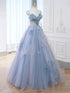 Light Blue Tulle Beaded Sweetheart Long Prom Dress, Light Blue Tulle Evening Dress